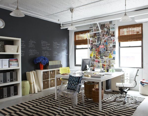 striped rug, large desk area, chalkboard wall