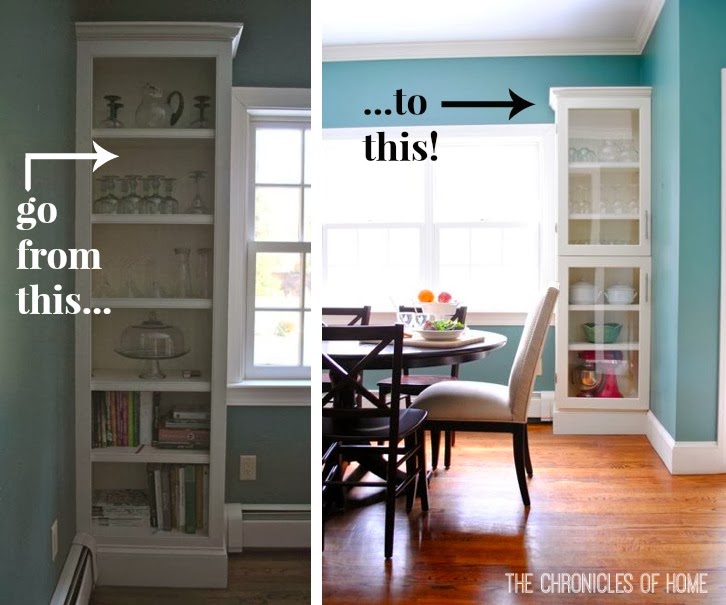 You can add custom glass cabinet doors to any shelf in your house. The Chronicles of Home teaches you how!