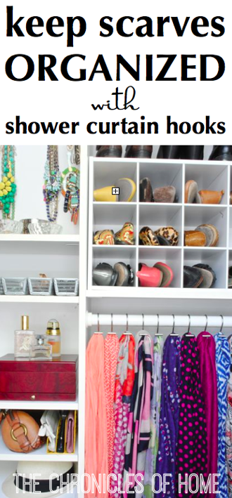 Organize scarves with shower curtain hooks - from The Chronicles of Home
