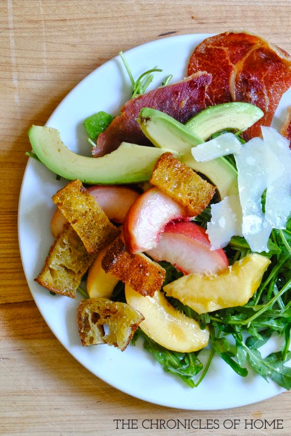 Peach, parmesan, prosciutto, and avocado salad - outrageously easy and delicious!