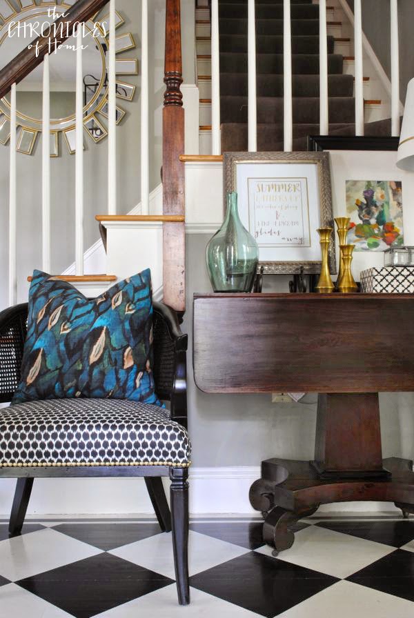 An early fall vignette with FREE PRINTABLE, peacock blue, brass accents, checkered floor