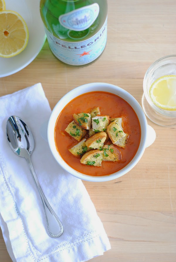 White Bean and Tomato Soup with Garlic Bread Croutons