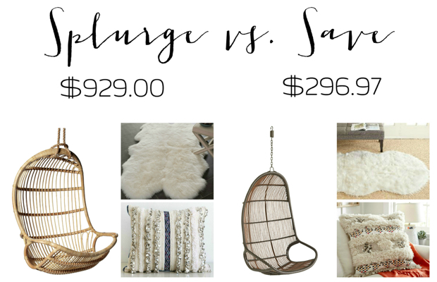 Splurge and save options for hanging rattan chairs, sheepskin rugs, and Moroccan wedding blanket pillows