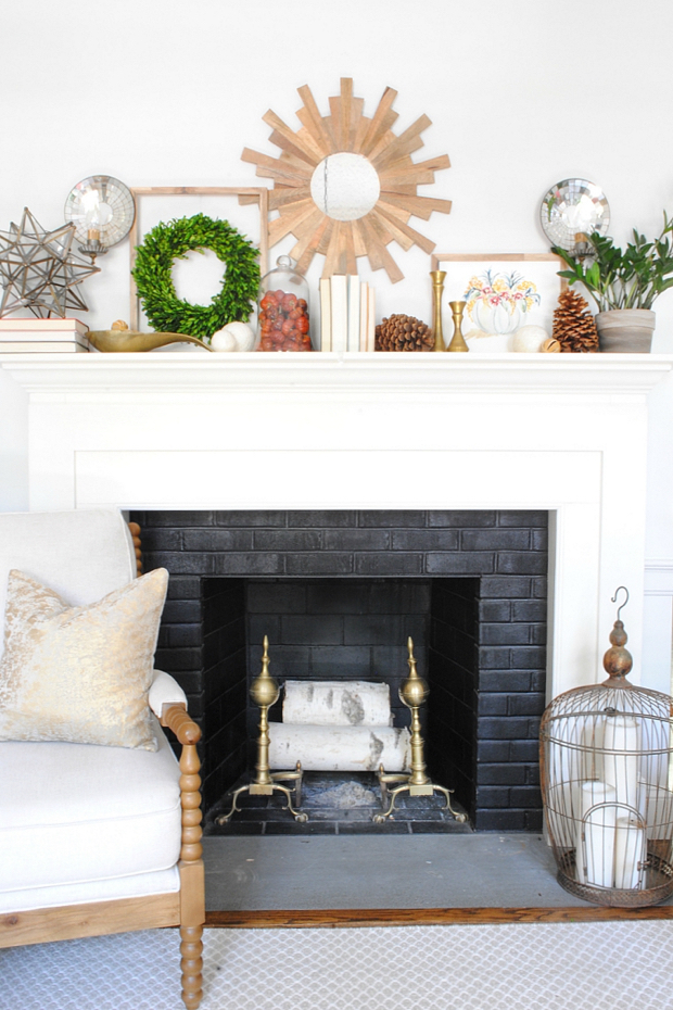 Neutral fall mantle with a FREE original watercolor printable and links to 22 other free printables!