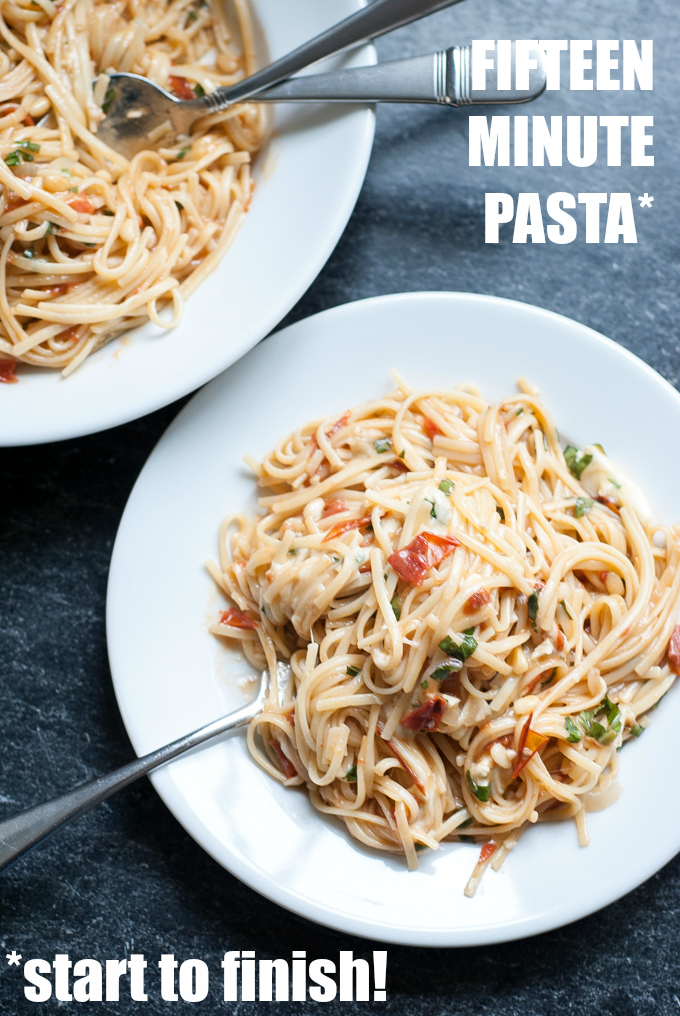 Get dinner on the table in fifteen minutes, start to finish, with the delicious tomato, basil, and mozzarella pasta!