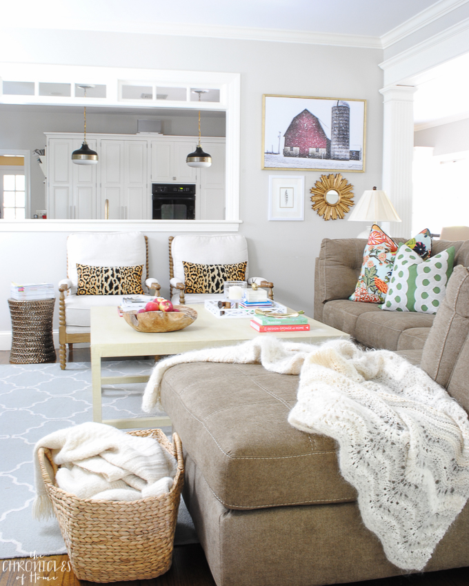 Budget family room makeover with neutral basics and pops of pattern and color - kelly green, Chiang Mai dragon, leopard