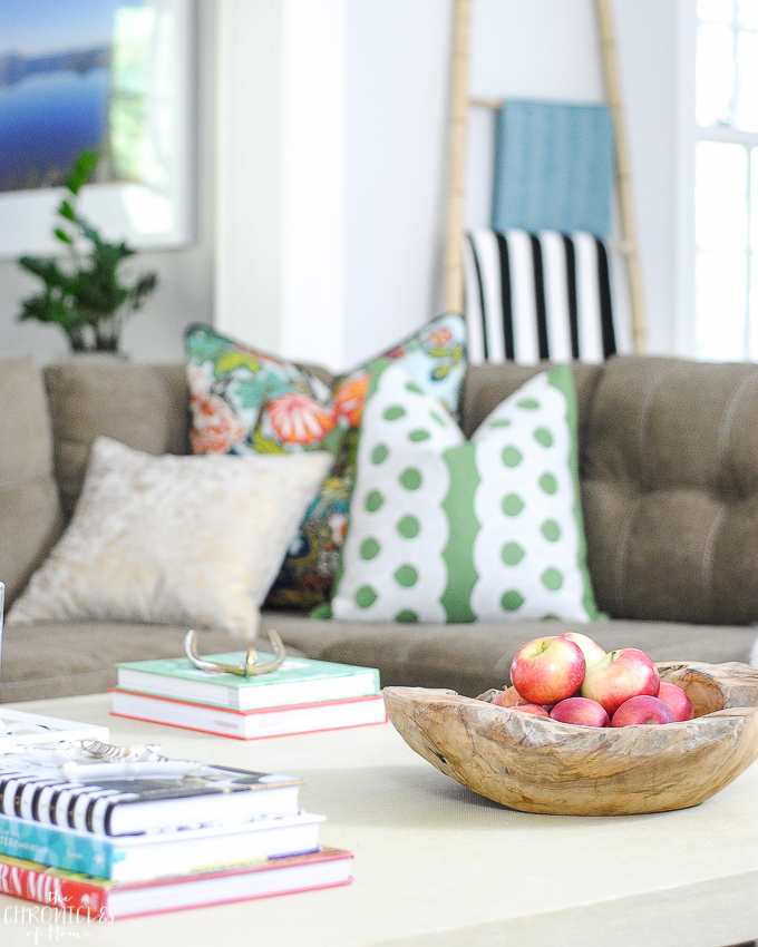 Budget family room makeover with neutral basics and pops of pattern and color - kelly green, Chiang Mai dragon, leopard