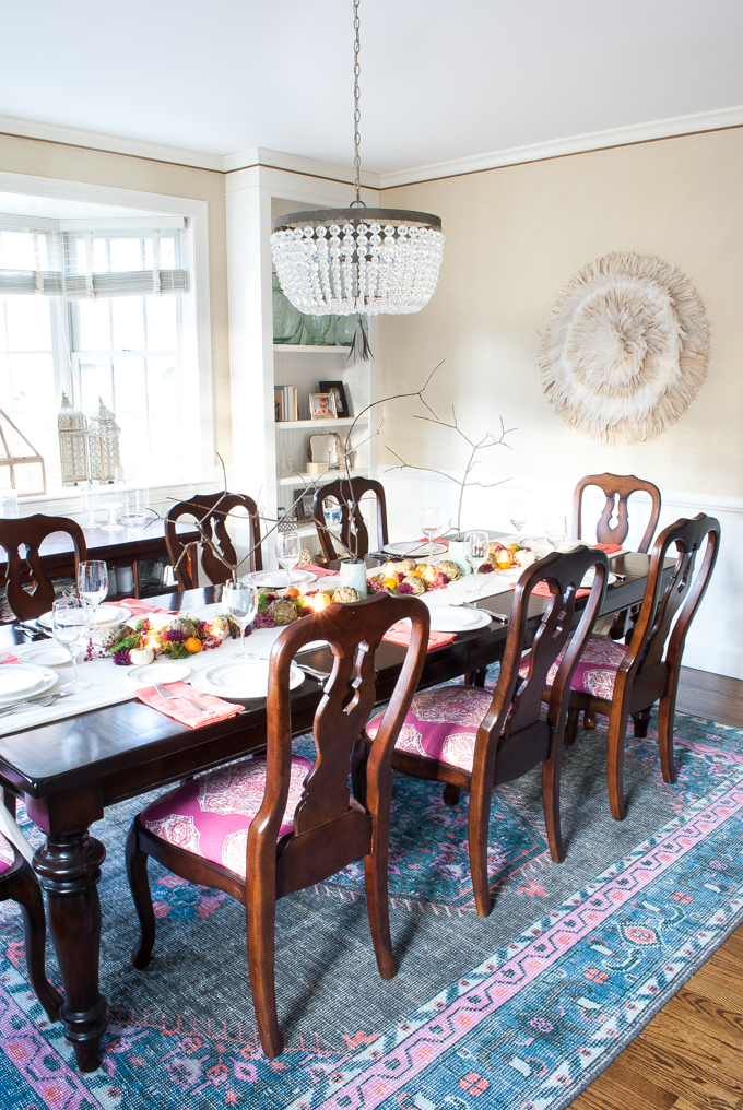 A jewel toned Thanksgiving tablescape