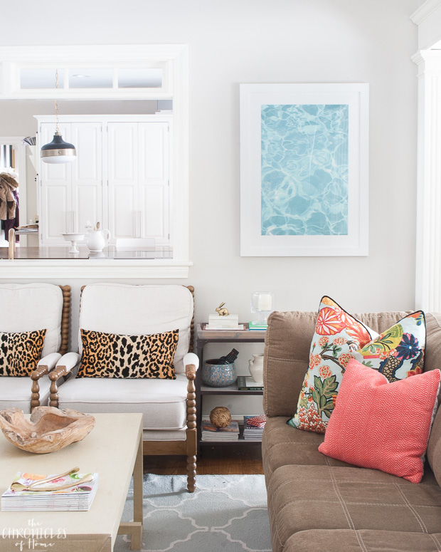 Neutral family room with pops of color. Updated classic.