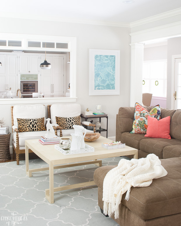 Neutral family room with pops of color. Updated classic.