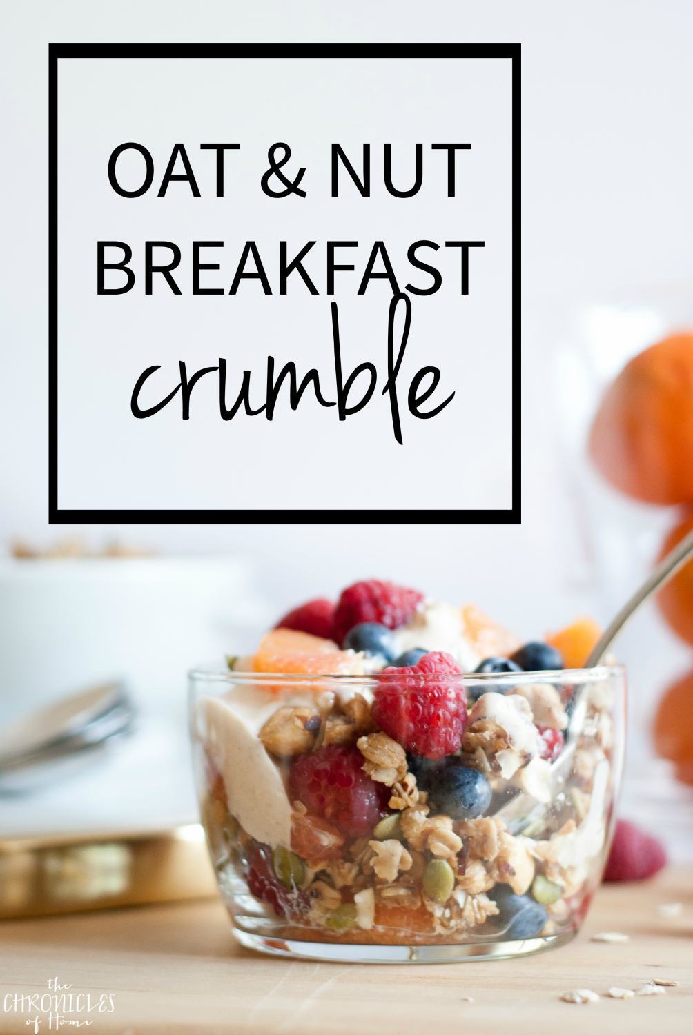 Oat and nut breakfast crumble - healthy, hearty, and delicious with nuts, seeds, fresh fruit, and an easy homemade cinnamon yogurt drizzle
