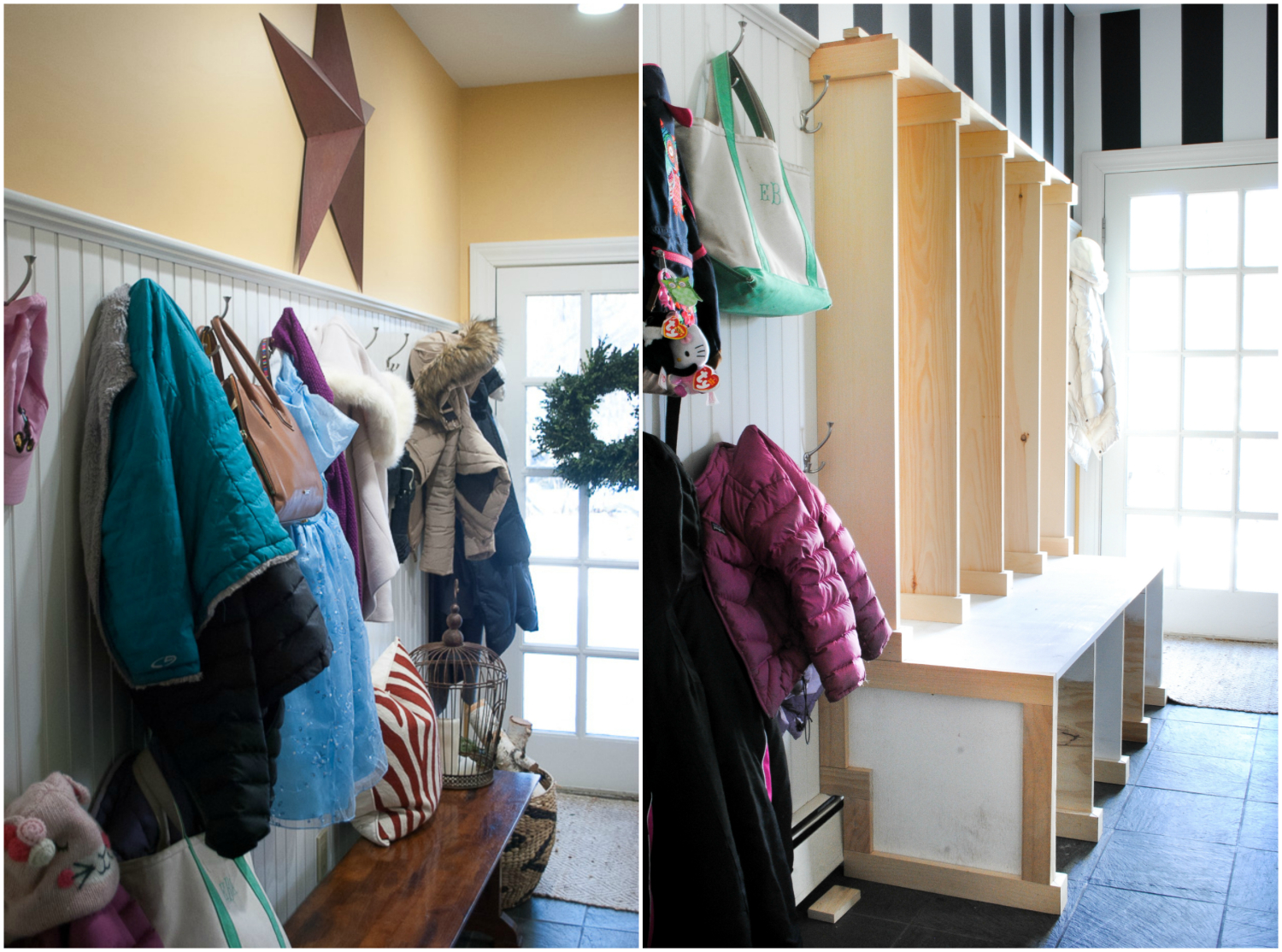 DIY mudroom lockers / cubbies made with plywood and pine boards