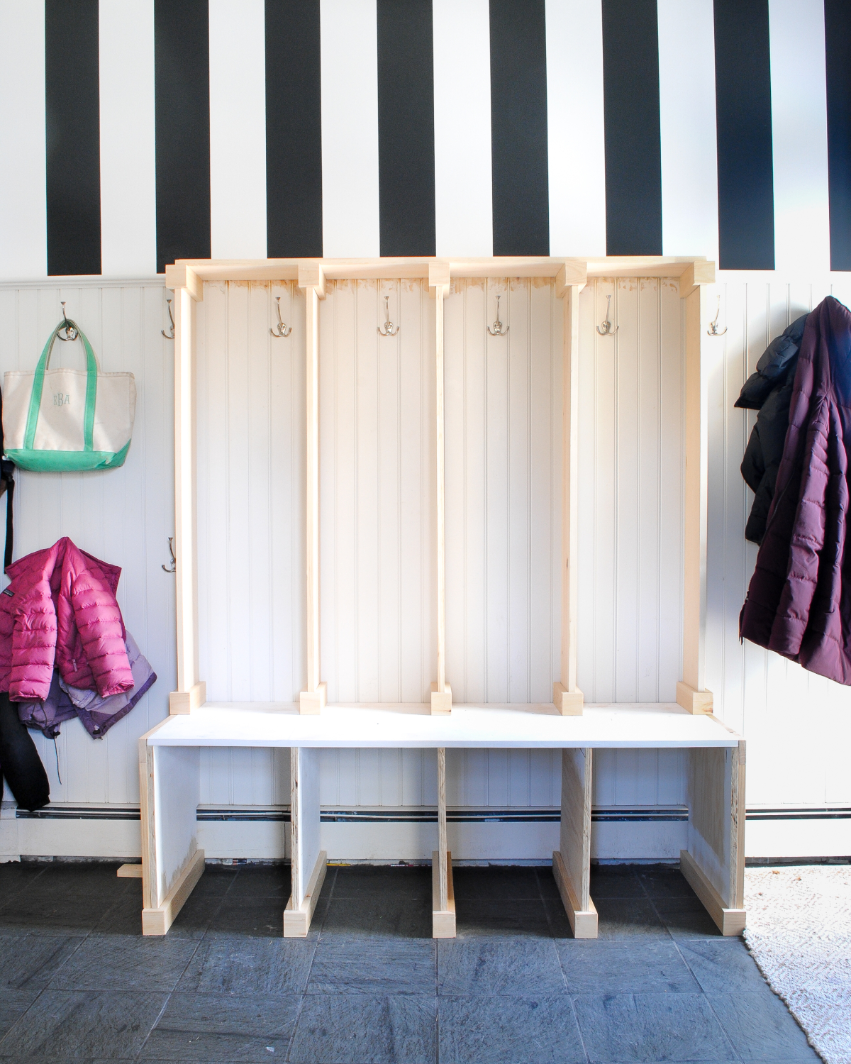 DIY mudroom lockers / cubbies made with plywood and pine boards