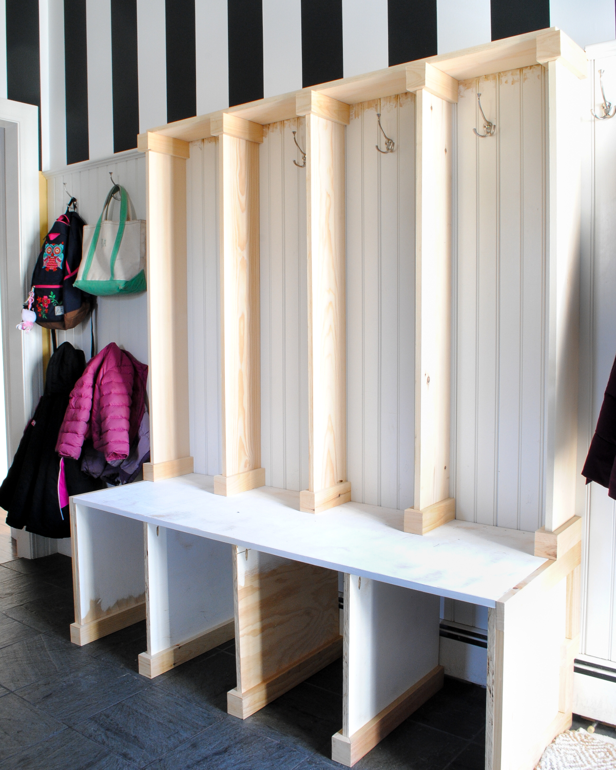 DIY mudroom lockers / cubbies made with plywood and pine boards