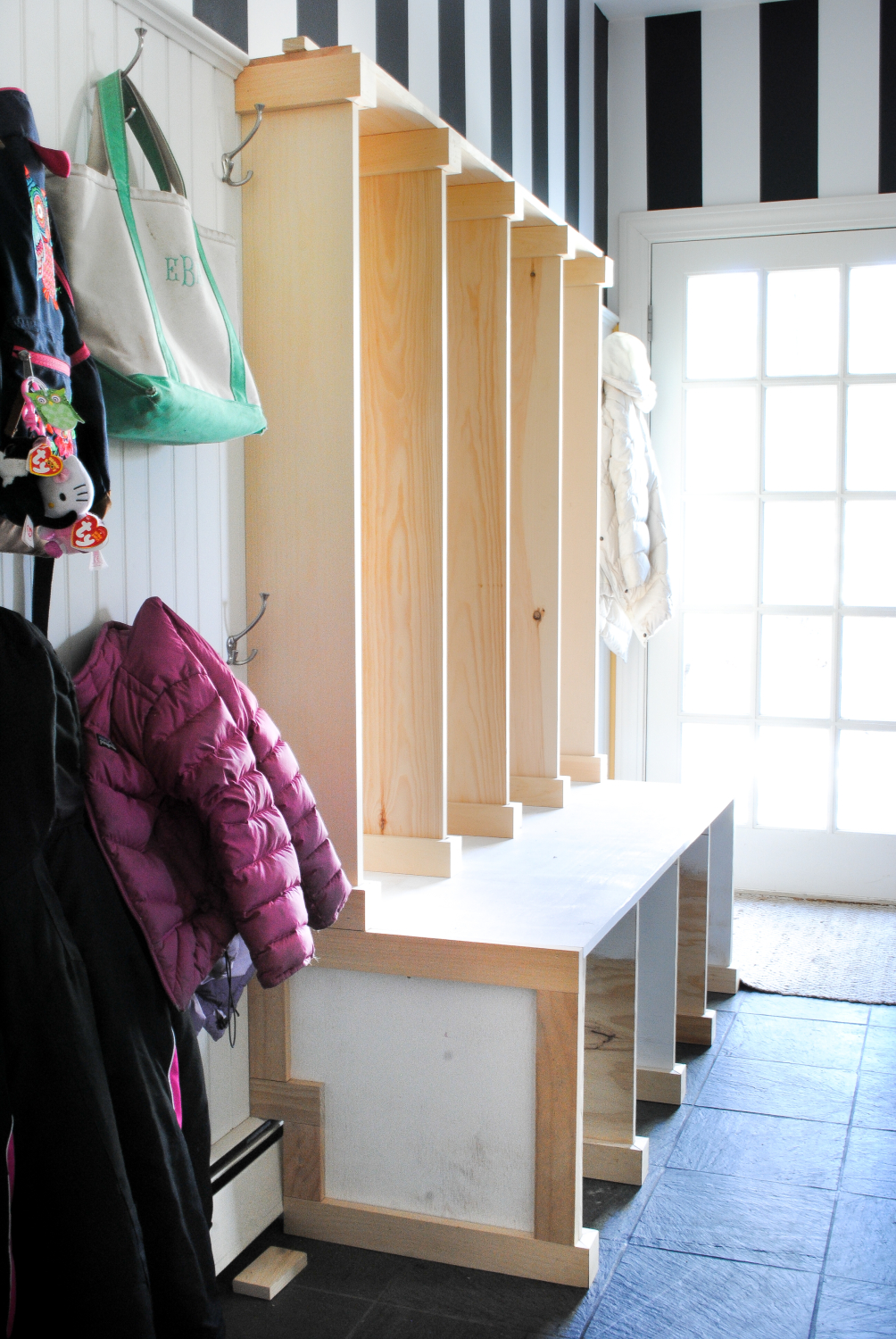 DIY mudroom lockers / cubbies made with plywood and pine boards