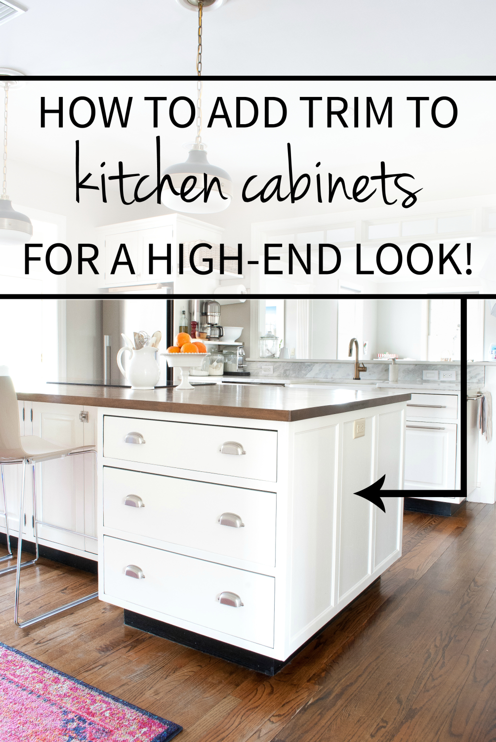 How to add trim to a plain kitchen island or plain cabinets for a custom look! Takes only a few hours and is a super affordable way to get a high-end look.