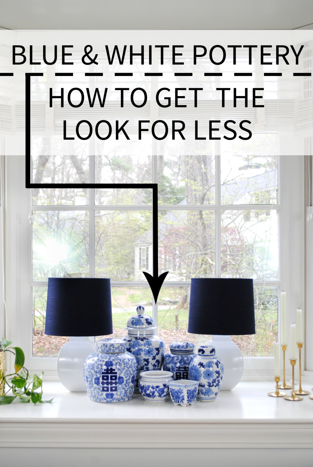 Blue and white pottery ginger jars collection, how to decorate a bay window, and how you can get this look on a budget!
