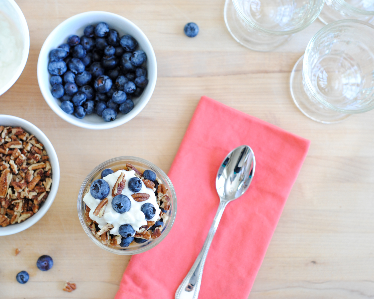 Cottage cheese parfait with spiced applesauce, blueberries, and pecans. Perfect for a healthy, protein-packed, calcium-rich breakfast, lunch, snack or dessert. Seriously TO DIE FOR!!