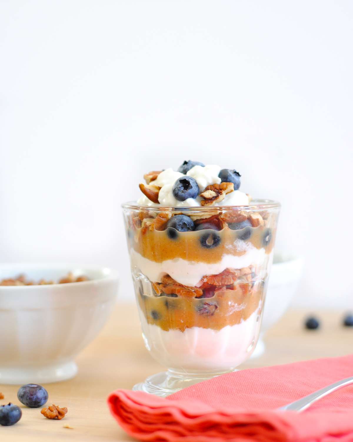 Cottage cheese parfait with spiced applesauce, blueberries, and pecans. Perfect for a healthy, protein-packed, calcium-rich breakfast, lunch, snack or dessert. Seriously TO DIE FOR!!