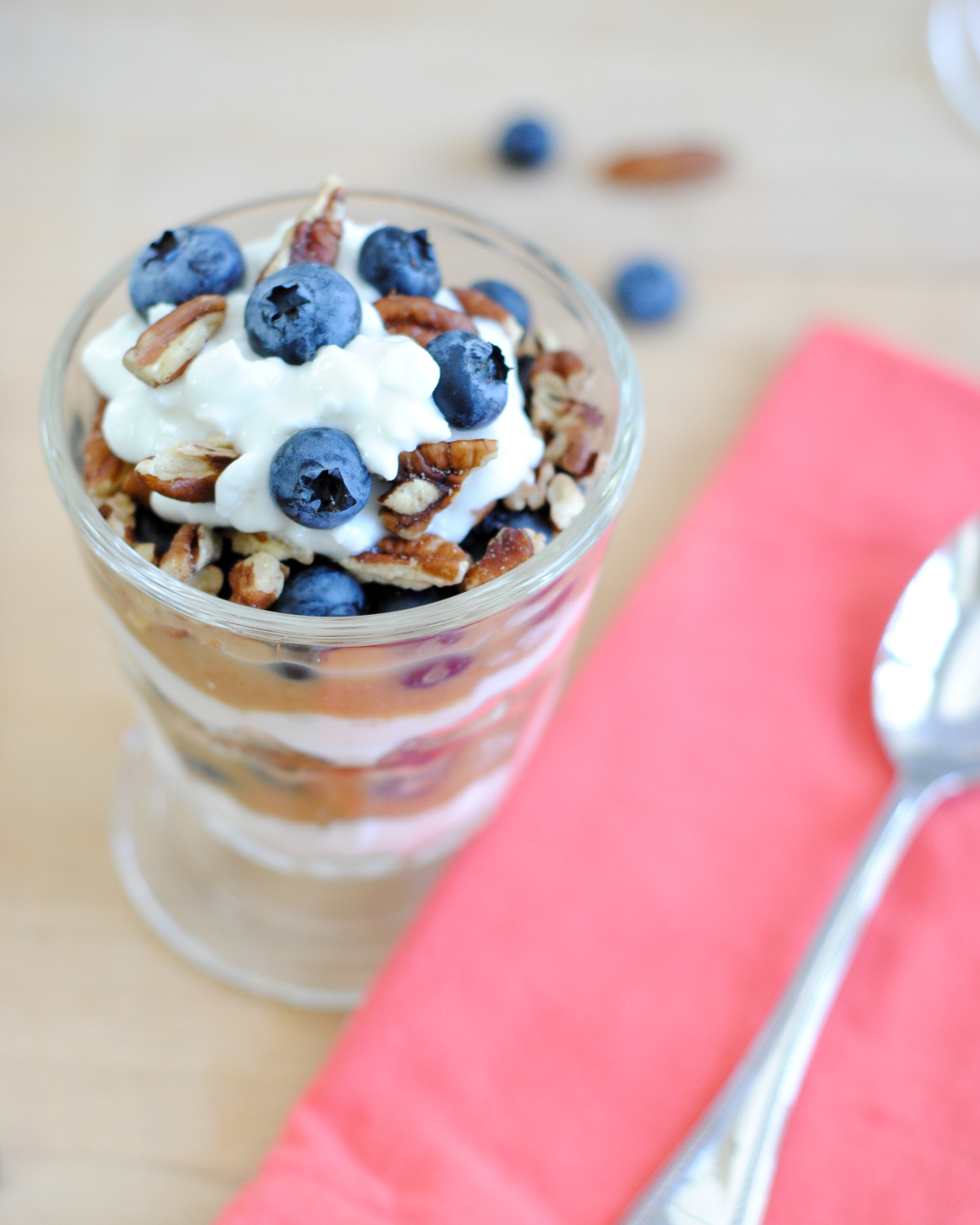 Cottage cheese parfait with spiced applesauce, blueberries, and pecans. Perfect for a healthy, protein-packed, calcium-rich breakfast, lunch, snack or dessert. Seriously TO DIE FOR!!