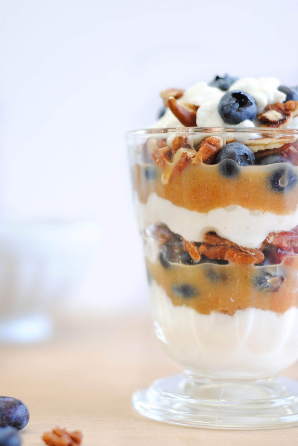 Cottage cheese parfait with spiced applesauce, blueberries, and pecans. Perfect for a healthy, protein-packed, calcium-rich breakfast, lunch, snack or dessert. Seriously TO DIE FOR!!