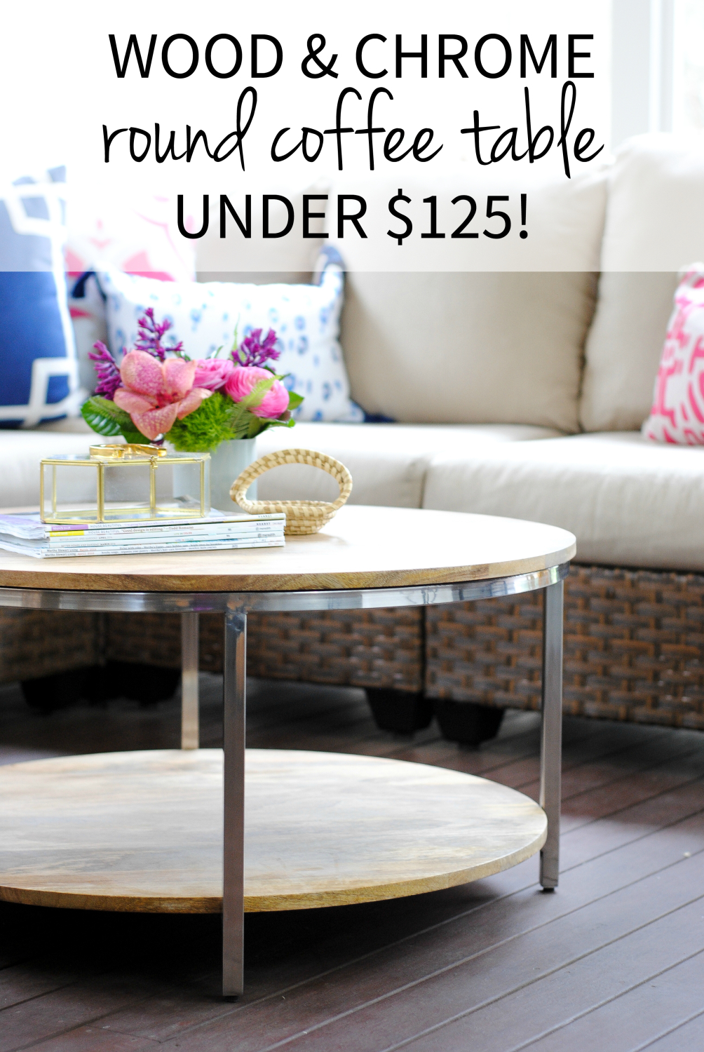 Classic wood and chrome round coffee table on a budget - amazing deal for a beautiful table!