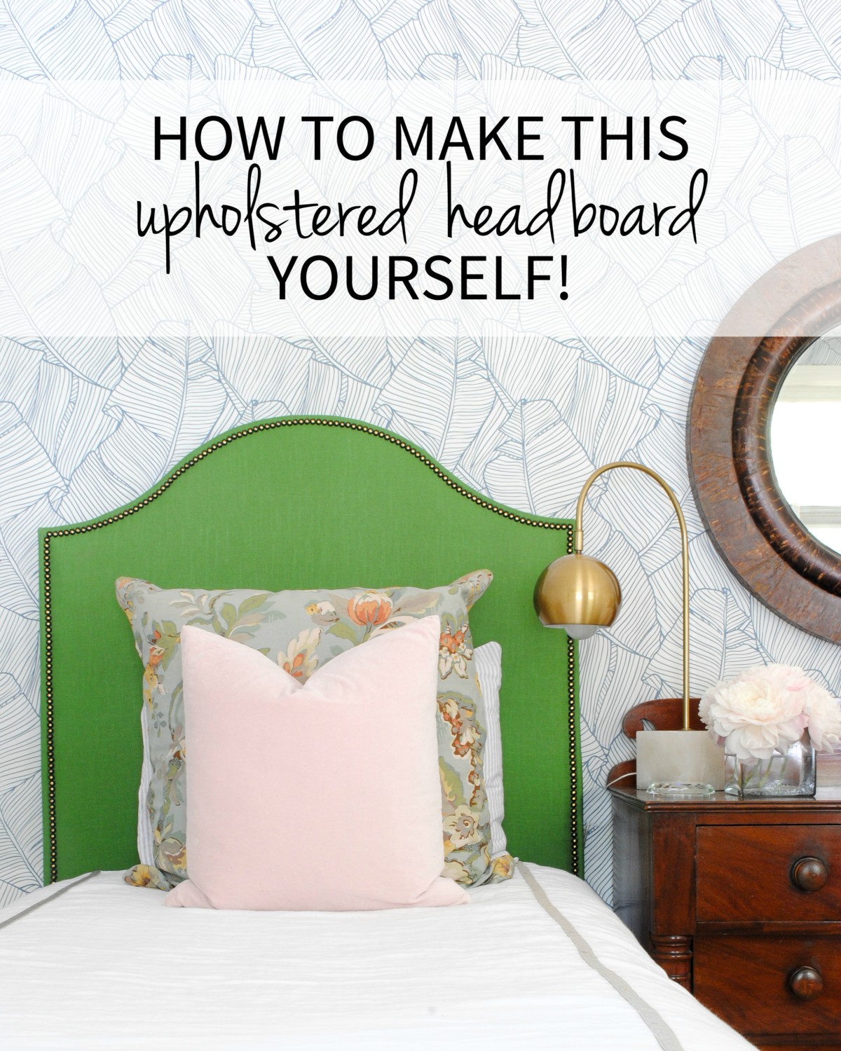 DIY kelly green upholstered headboard - get a full tutorial on how you can make this gorgeous linen headboard with brass nailheads YOURSELF!!