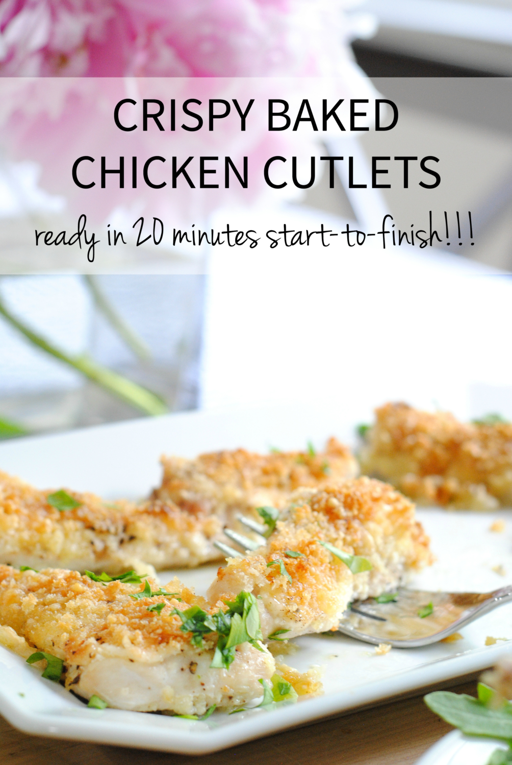 The easiest breaded chicken cutlets recipe EVER! Baked in the over and ready in 20 minutes, start to finish! This recipe is definitely a KEEPER!