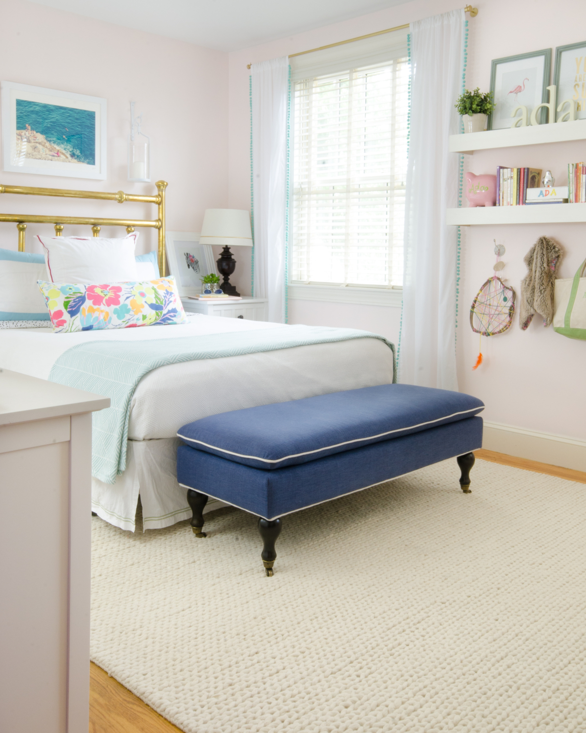 Gorgeous, ageless, chic big girl bedroom featuring white, aqua, navy blue, and blush pink