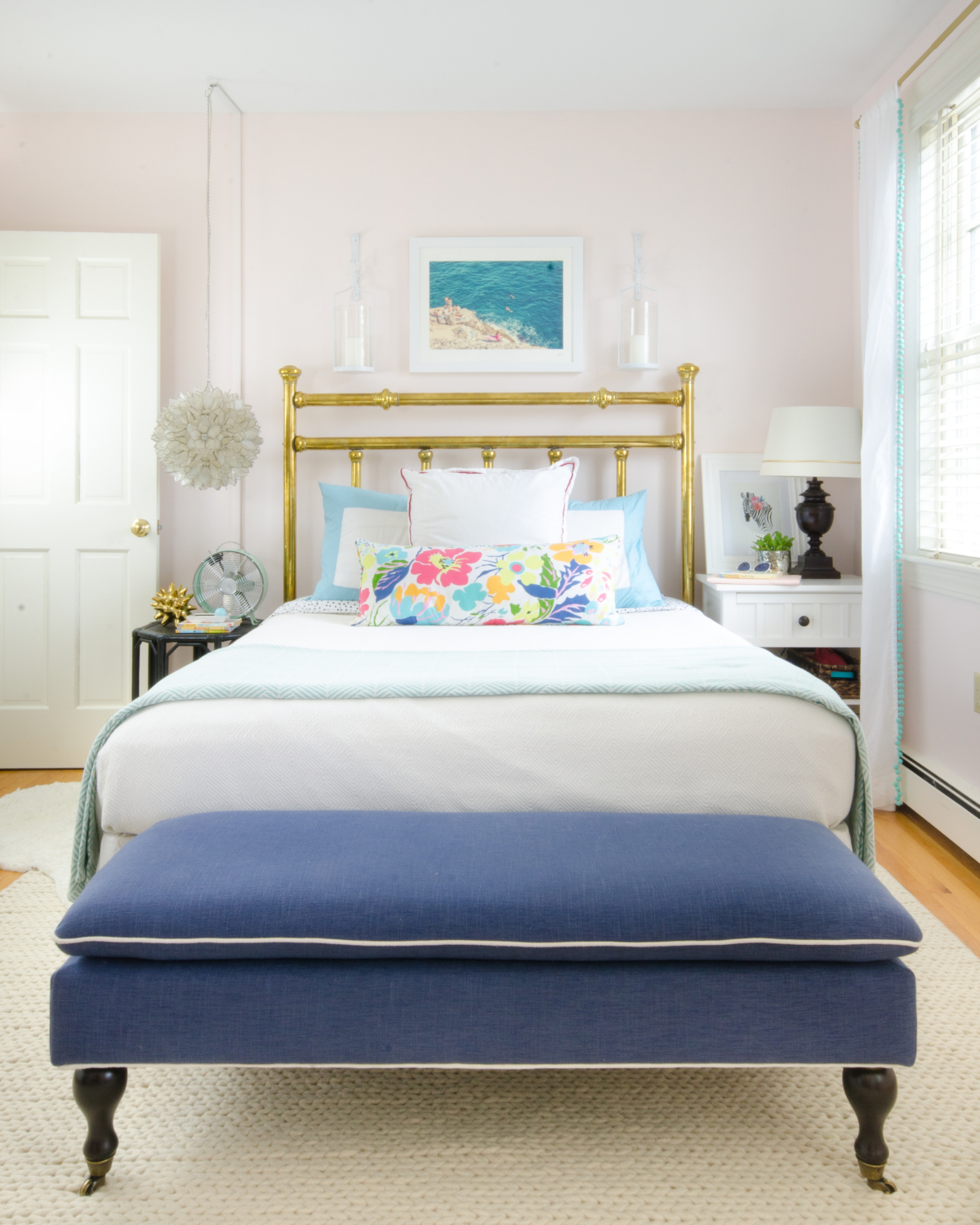 girl bedroom turquoise pink aqua navy-2-Gorgeous, ageless, chic big girl bedroom featuring white, aqua, navy blue, and blush pink