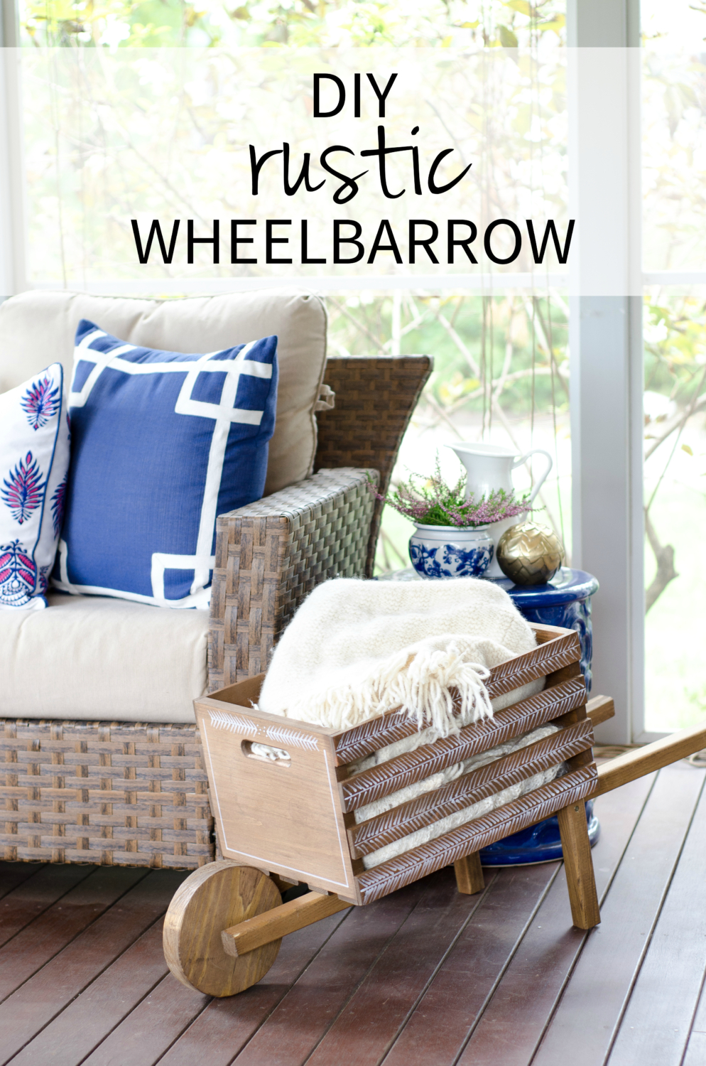 A DIY rustic wheelbarrow with a hand-painted herringbone pattern, perfect for all kinds of fall decorating! #DIHWorkshop #sponsored