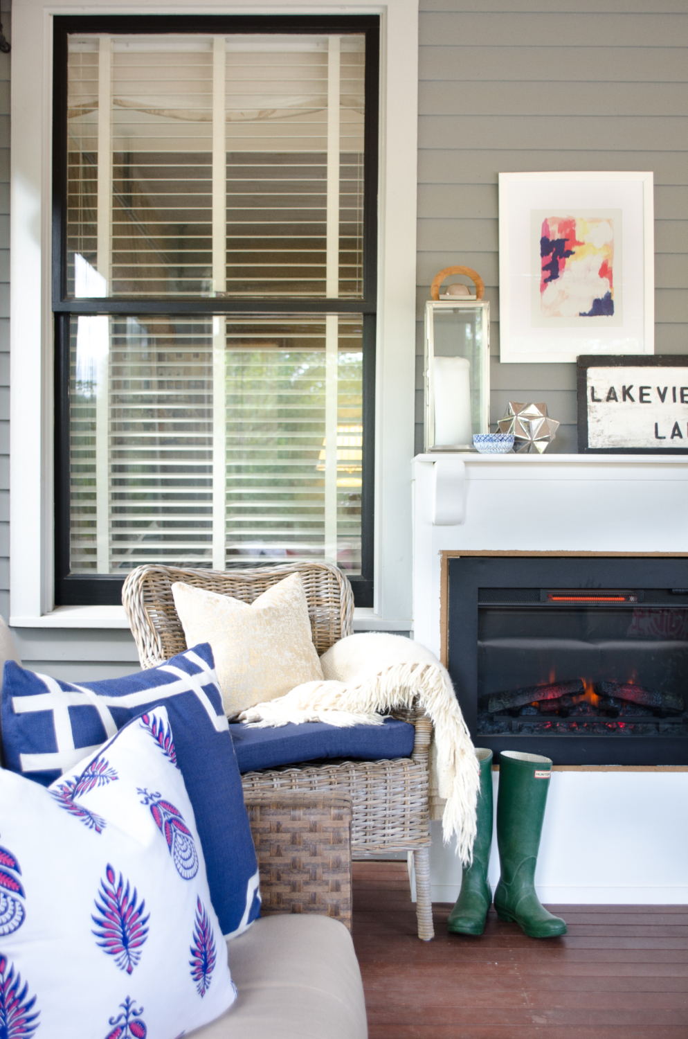 Fall porch with electric fireplace