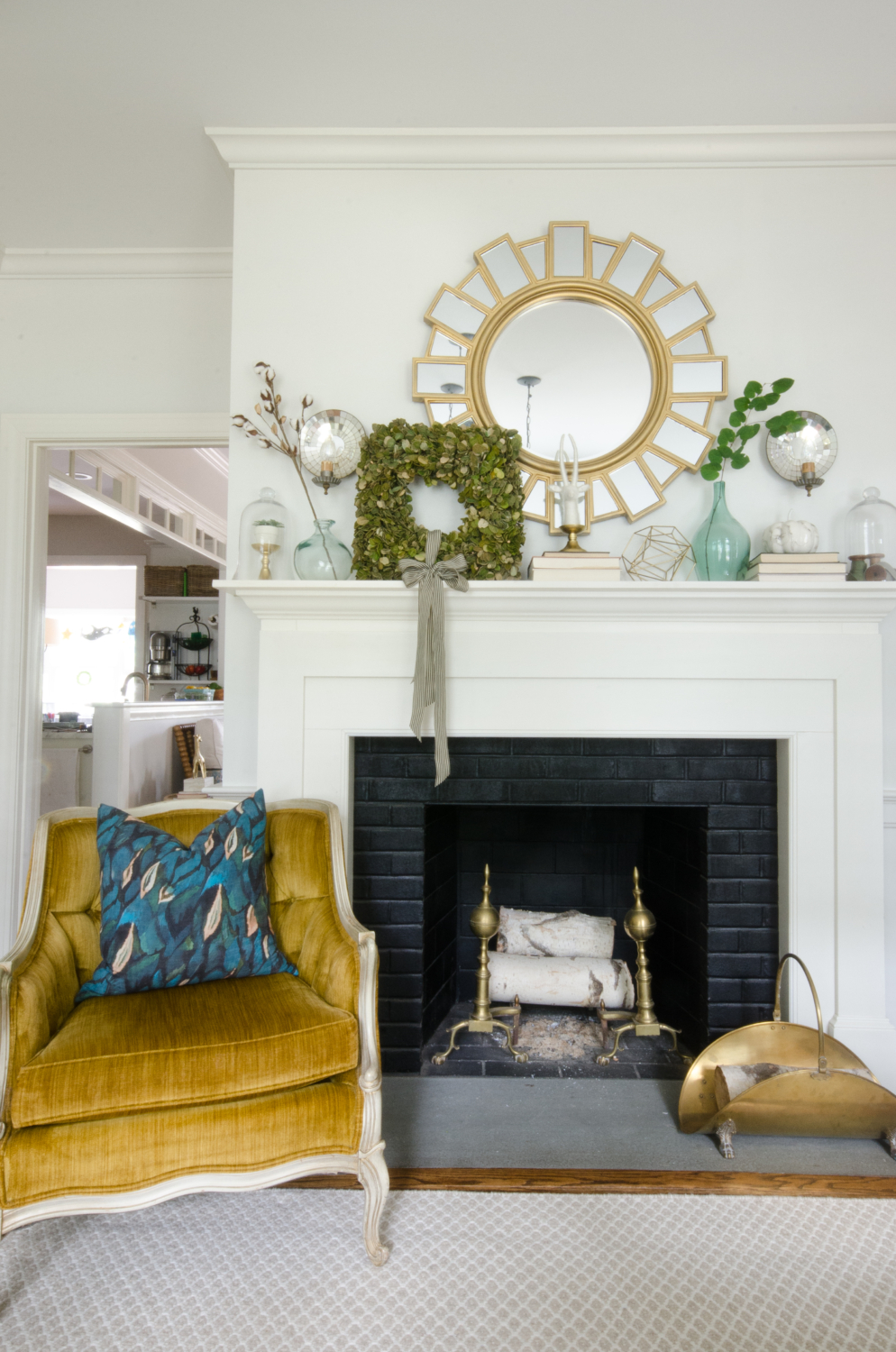 Classic layered fall mantle with green, gold, white, and teal
