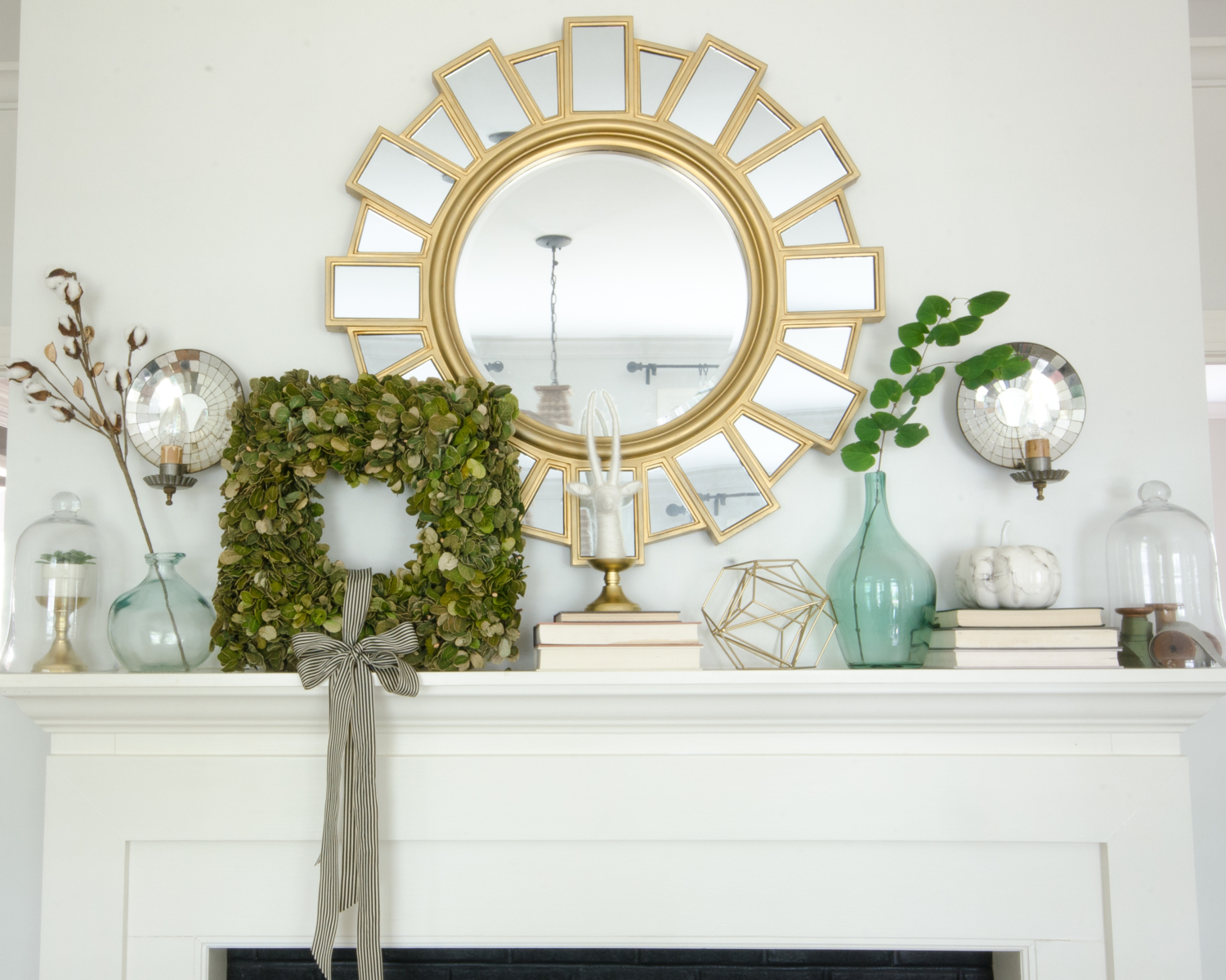 Classic layered fall mantle with green, gold, white, and teal