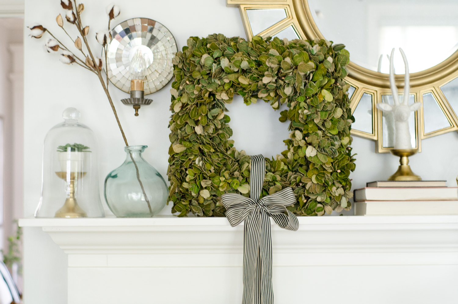 Classic layered fall mantle with green, gold, white, and teal