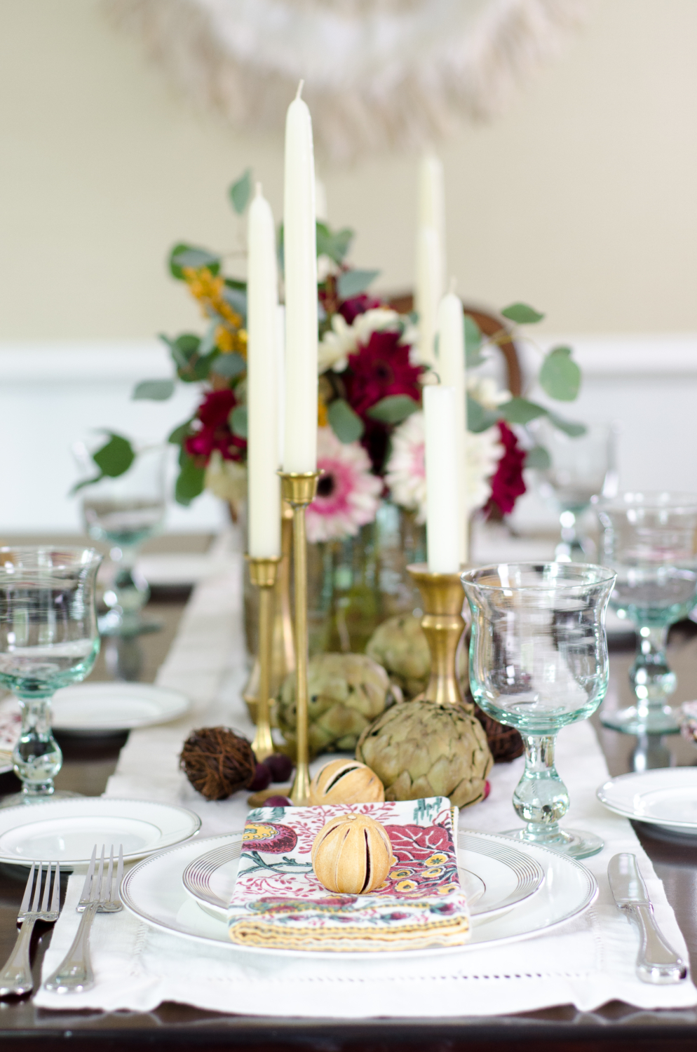 Easy classic fall tablescape with purple, yellow, and green