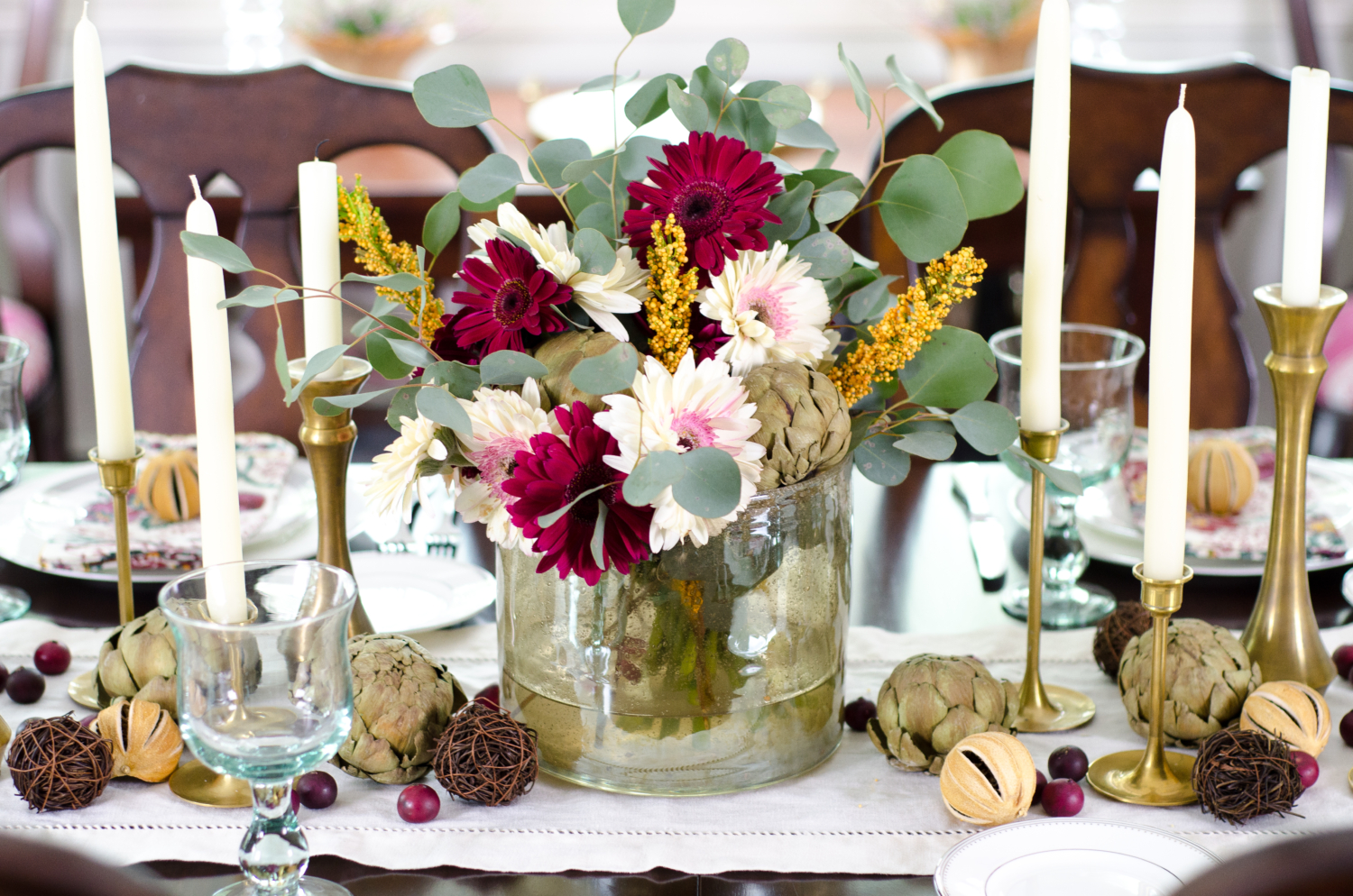 Easy classic fall tablescape with purple, yellow, and green