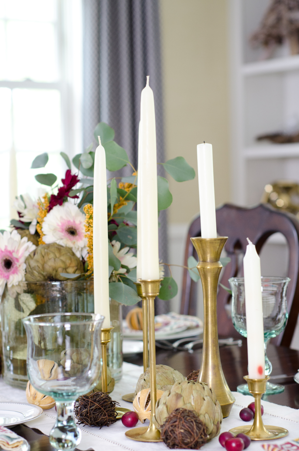 Easy classic fall tablescape with purple, yellow, and green