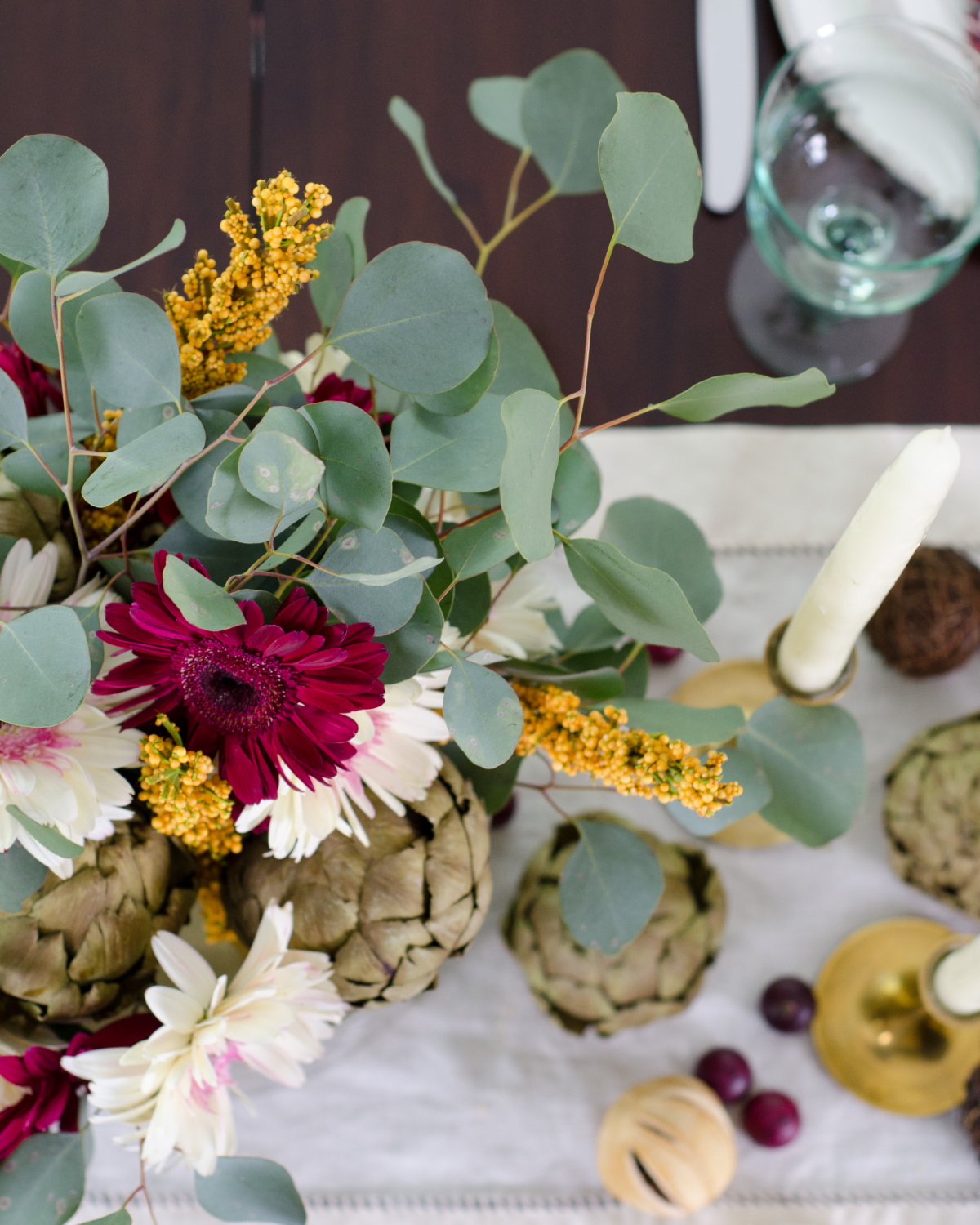 Easy classic fall tablescape with purple, yellow, and green