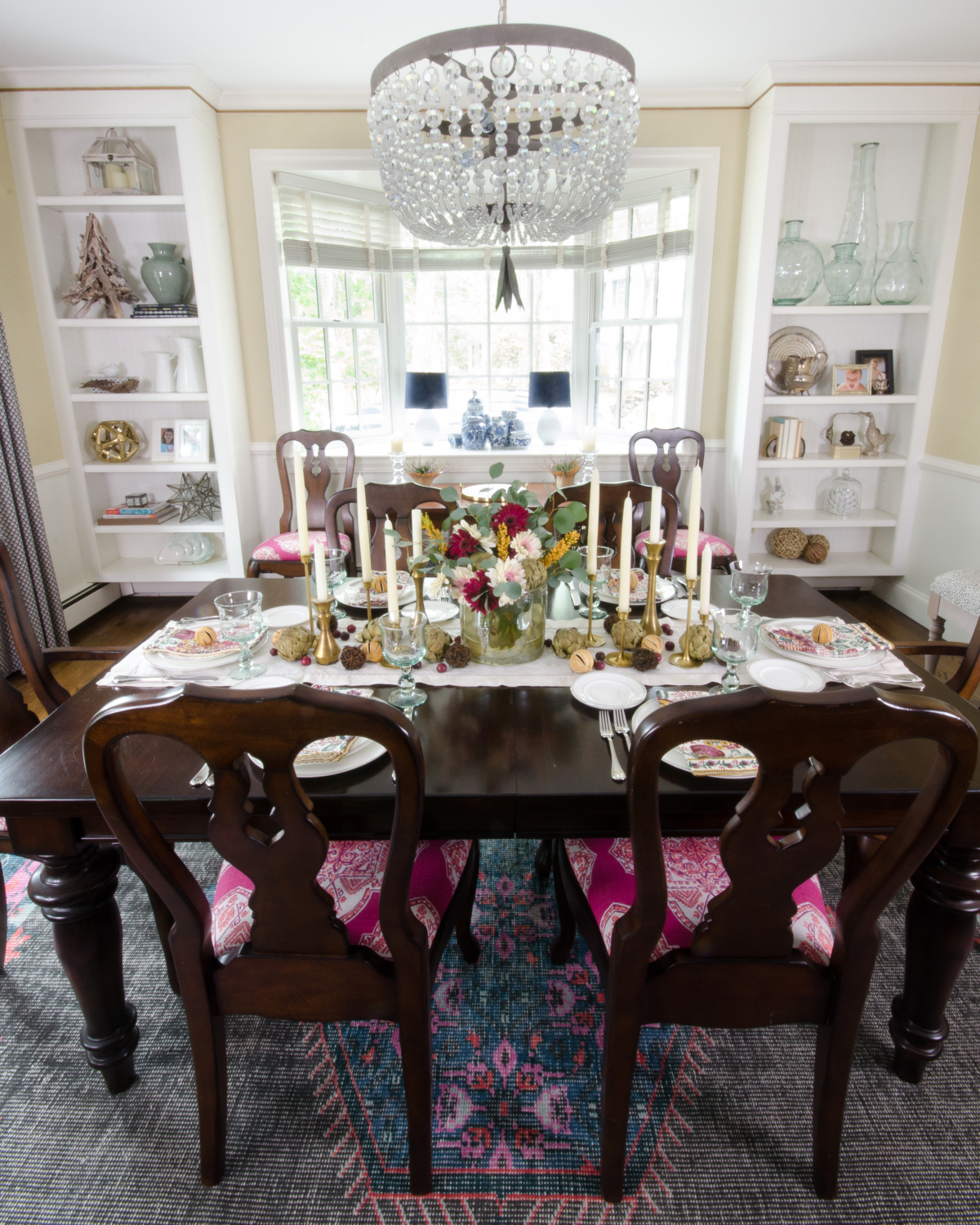 Easy classic fall tablescape with purple, yellow, and green