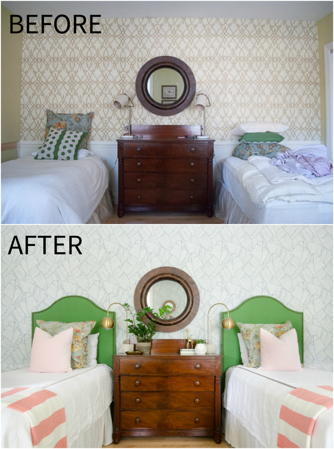 Amazing guest room makeover, you won't even believe the before and after!! Colorful, classic guest room with teal, coral, blush, kelly green, and white. Budget-conscious and lots of amazing DIY projects!