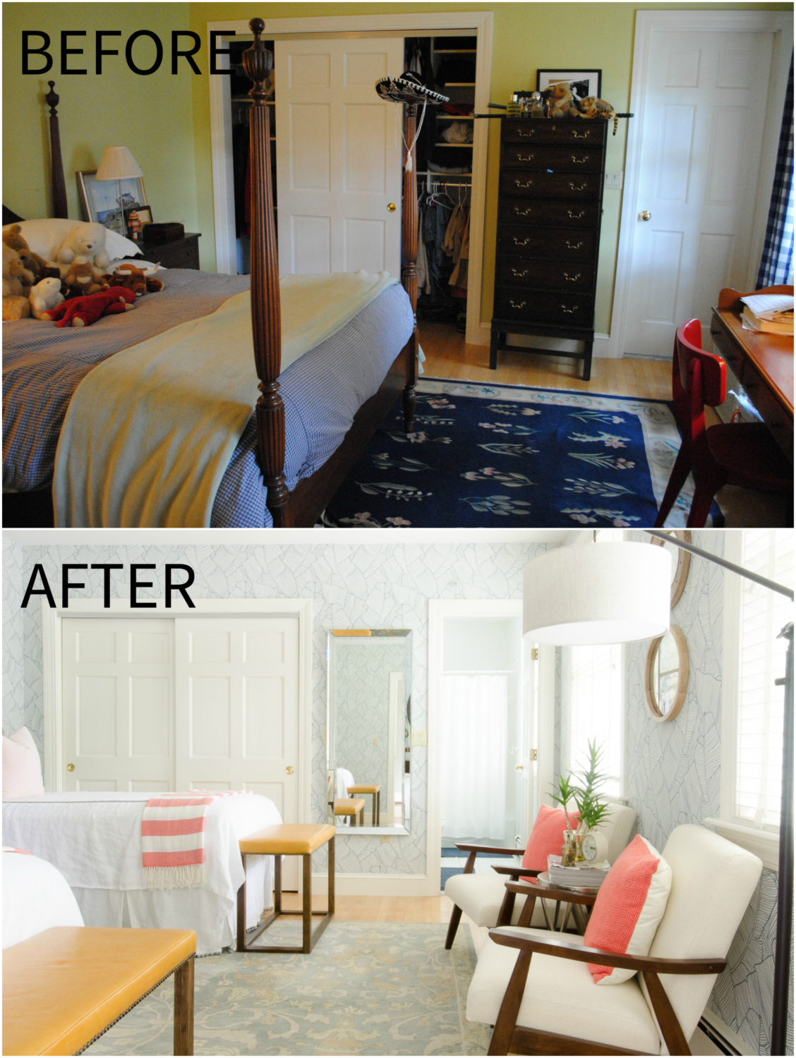 Amazing guest room makeover, you won't even believe the before and after!! Colorful, classic guest room with teal, coral, blush, kelly green, and white. Budget-conscious and lots of amazing DIY projects!