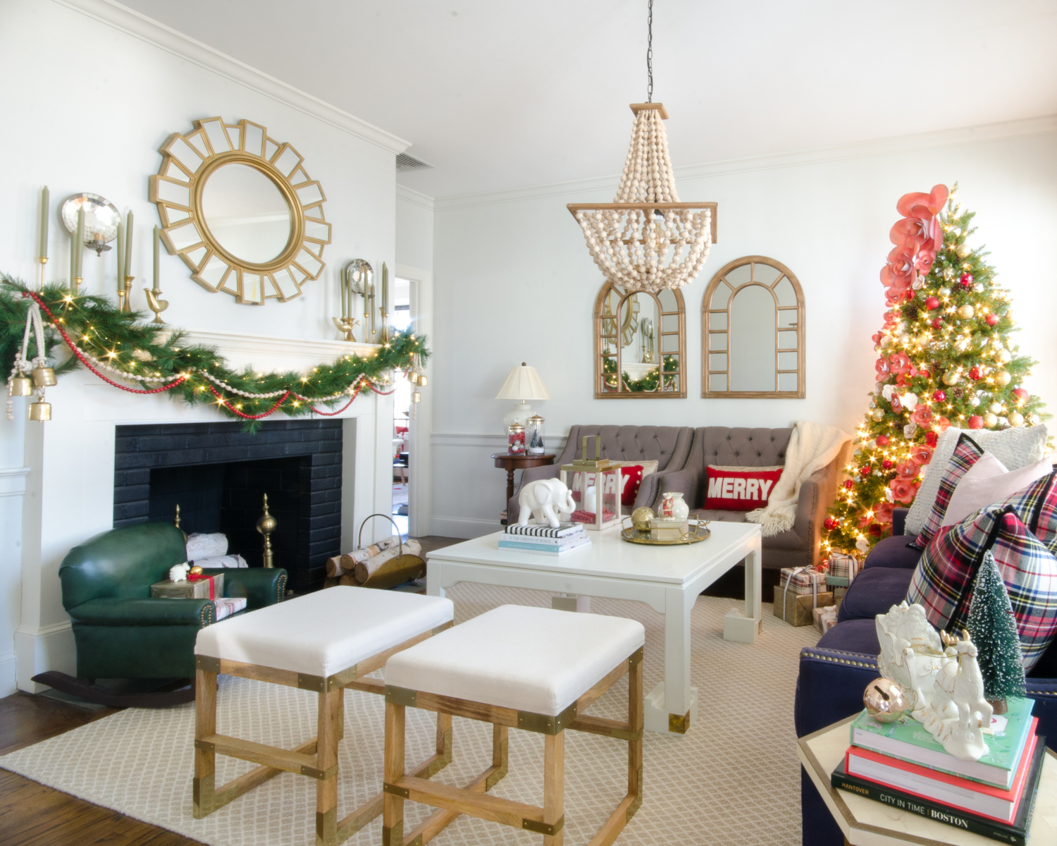 Classic Christmas living room with green, red, and a fantastic flower tree you will not believe!