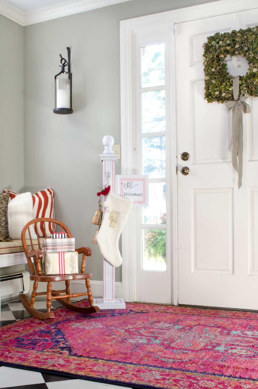 DIY Christmas stocking post - perfect if you don't have a mantle or just as a cute Christmas accent anywhere!