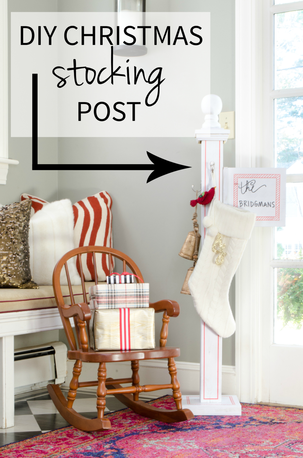 DIY Christmas stocking post - perfect if you don't have a mantle or just as a cute Christmas accent anywhere!