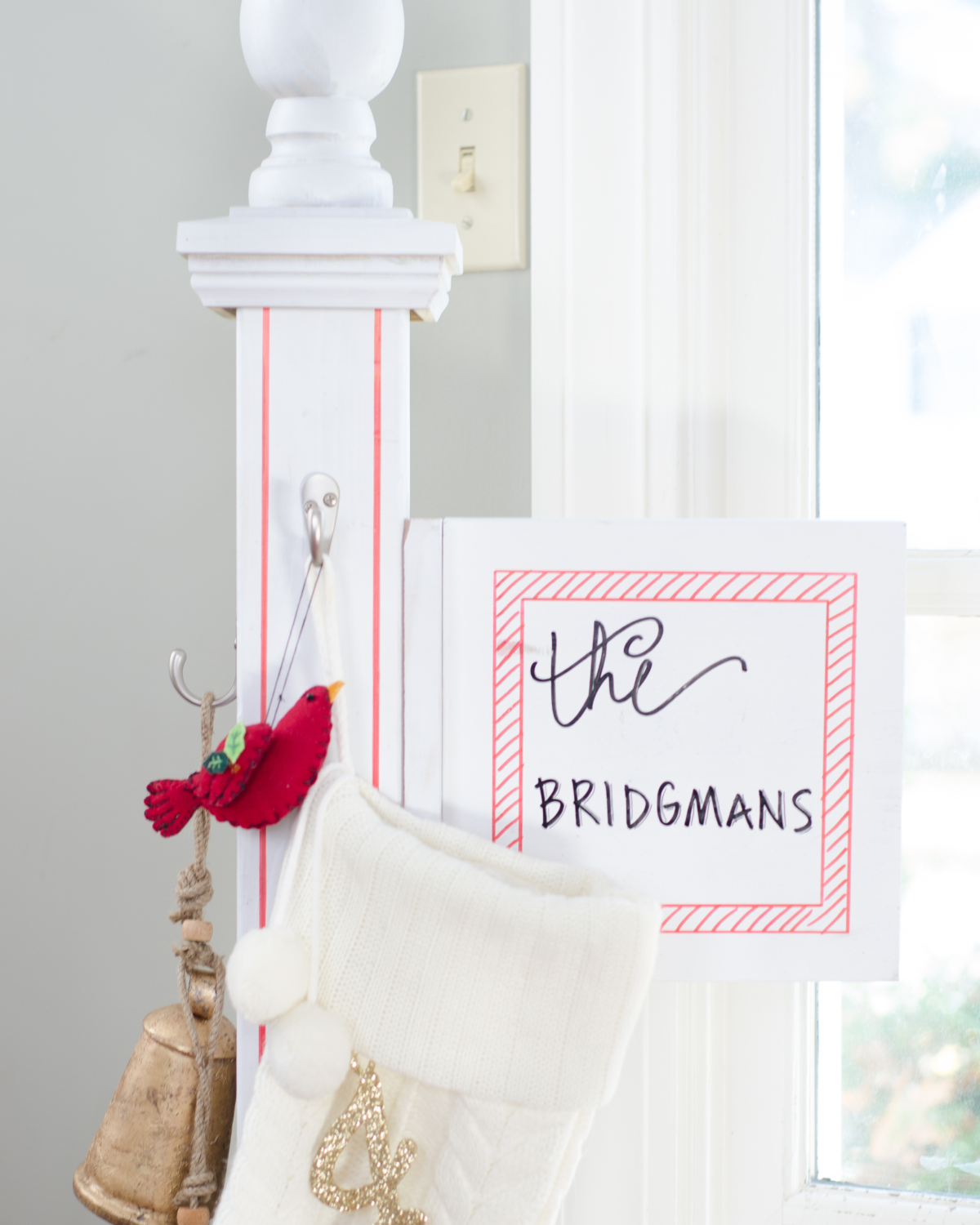 DIY Christmas stocking post - perfect if you don't have a mantle or just as a cute Christmas accent anywhere!