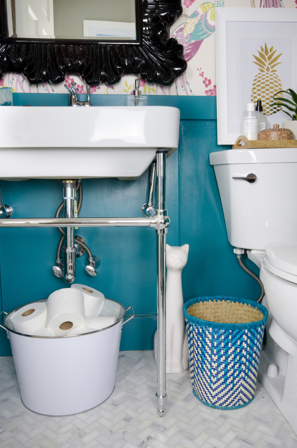 This chrome console sink is perfect for a small powder room!