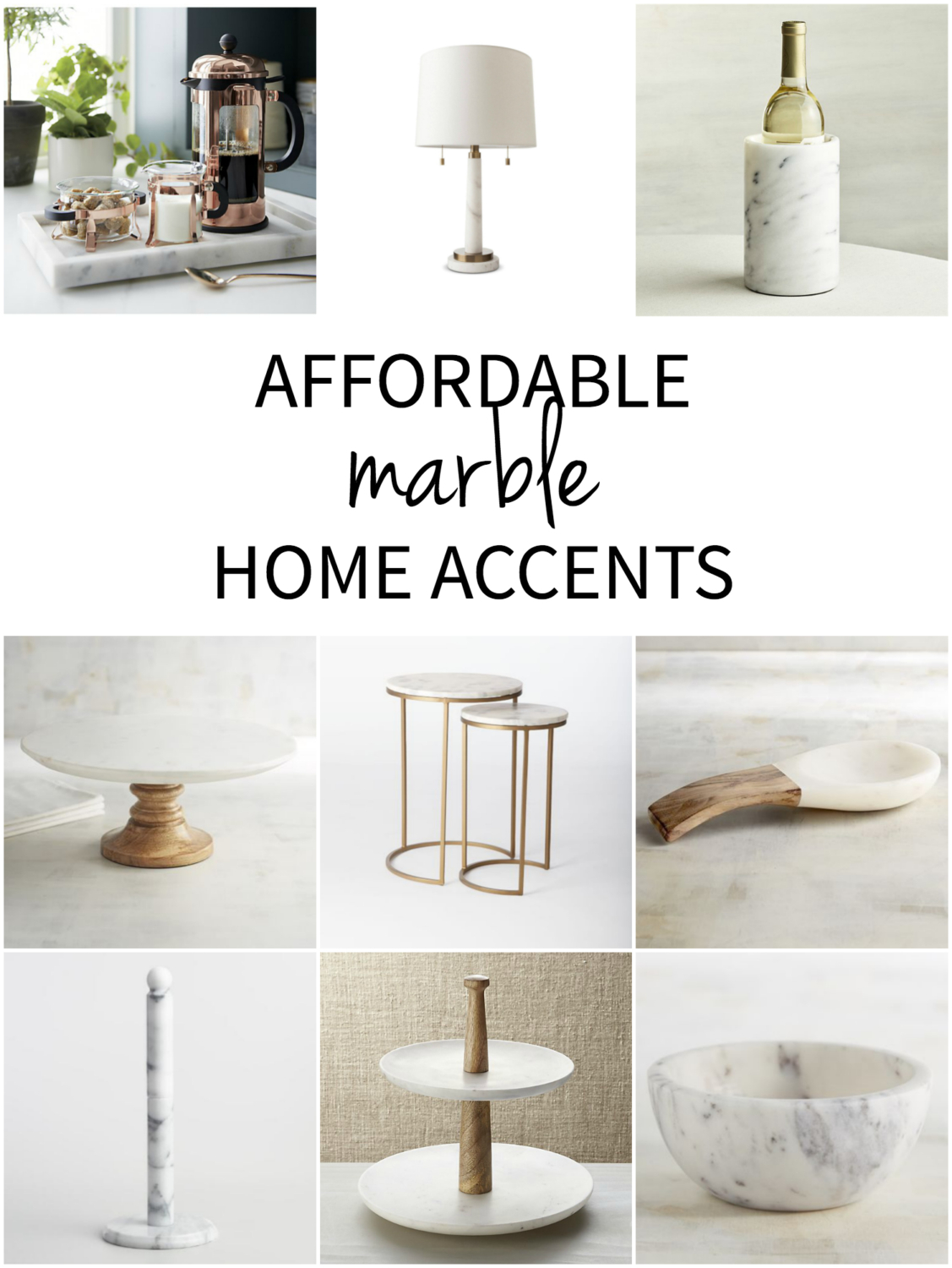 An easy to navigate collection of affordable marble home decor accents, everything from side tables and lamps to kitchen accessories. 