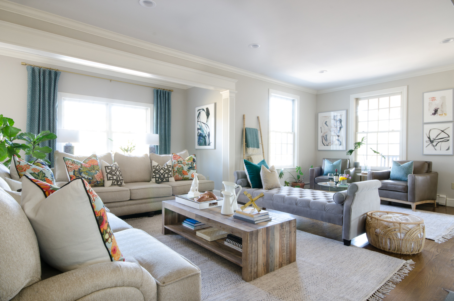 Family room makeover you will not believe. Perfect balance of neutral and colorful.