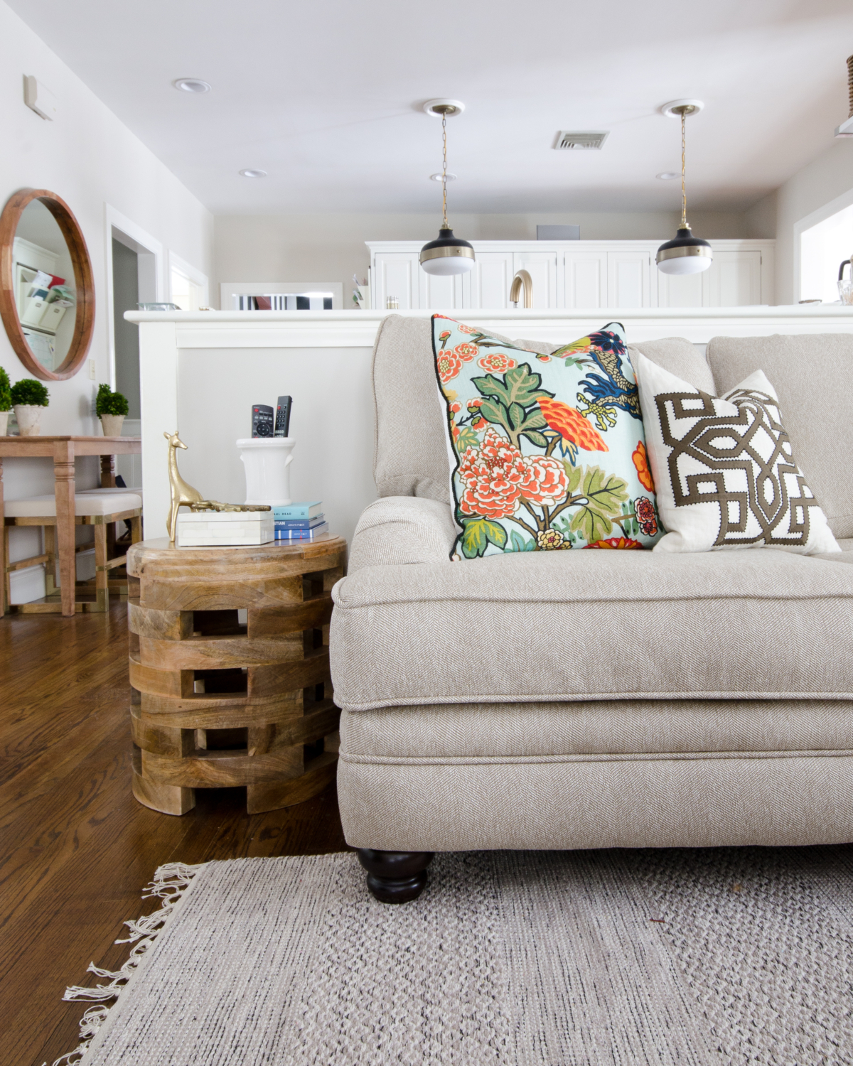 Family room with Chiant Mai Dragon pillows